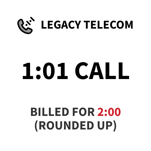 Legacy Telecom 1:01 CALL billed for 2:00 (rounded up)